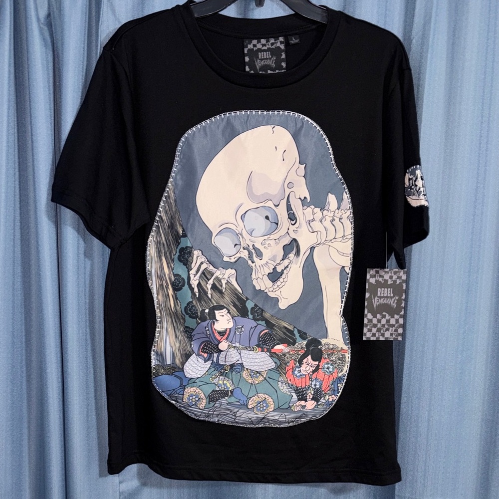 Rebel Vengeance Oni Skull Samurai Black Embroidered Graphic T-shirt Men’s Large